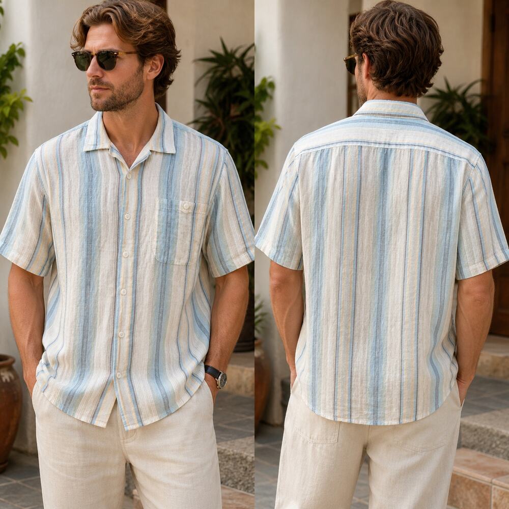 Men’s XL 100% Linen Striped Short Sleeve Button Up Coastal Resort Old Money